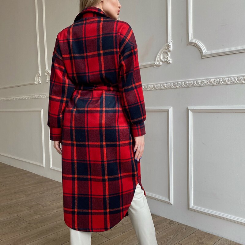 Supernfb Retro Plaid Print Coat Ladies Casual Long Sleeve Lapel Single Breasted Woolen Coats Women Loose Lace Up Asymmetrical Jacket