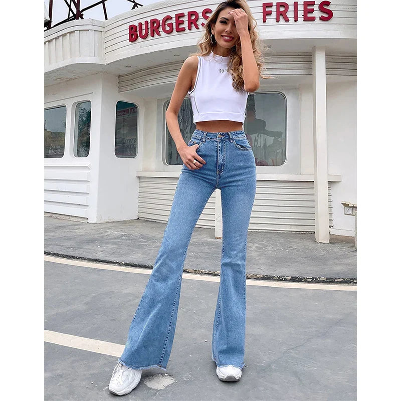 supernfb Flared jeans women new elastic high waist splicing wide leg trousers durable comfortable mop pants women's denim pants