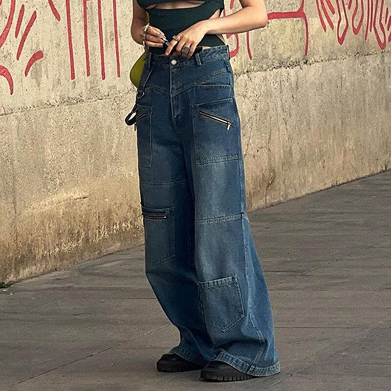 supernfb Pockets Patchwork Baggy Jeans Fashion Streetwear Women Denim Trouser Loose Cargo Pants Korean Style