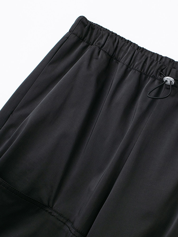 supernfb Drawstring Elastic Waist Cargo Pants Women Crease Detail Leg Adjustable Hem Baggy Pants With Pocket Satin Effect Black Trousers