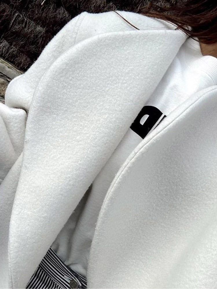 New Women White Woolen Cropped Top Jacket V Neck Long Sleeve Thicken Cardigan Coat Autumn Winter Fashion Female Streetwear