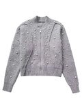 Supernfb Women Fashion Pearl Knit Flight Jacket Chic Round Neck Long Sleeve Zippered Short Coat Autumn Lady Elegant Knitwear