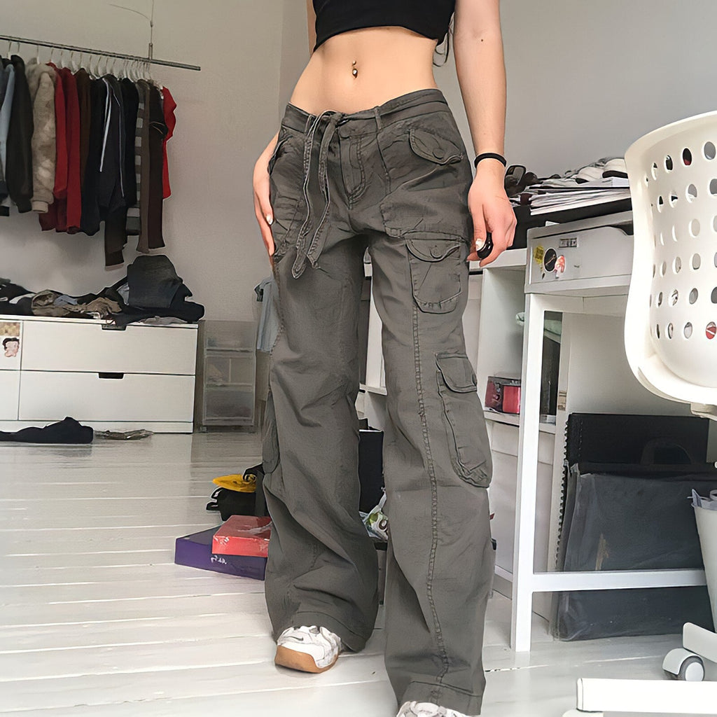 supernfb Vintage Hippie American Street Style Gray Cargo Pants Women Fashion Jeans Black Casual Trousers Sexy Low Waist Baggy Pants
