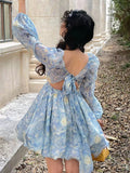 Supernfb Blue Print Sweet Vintage Dress Women Chiffon France Elegant Party Mini Dress Ladies Puff Sleeve Korean Princess Fairy Dress