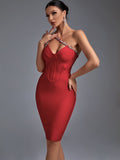 Crystal Bandage Dress Women Red Bodycon Dress Evening Party Elegant Sexy Halter Neck Midi Birthday Club Outfits Summer New