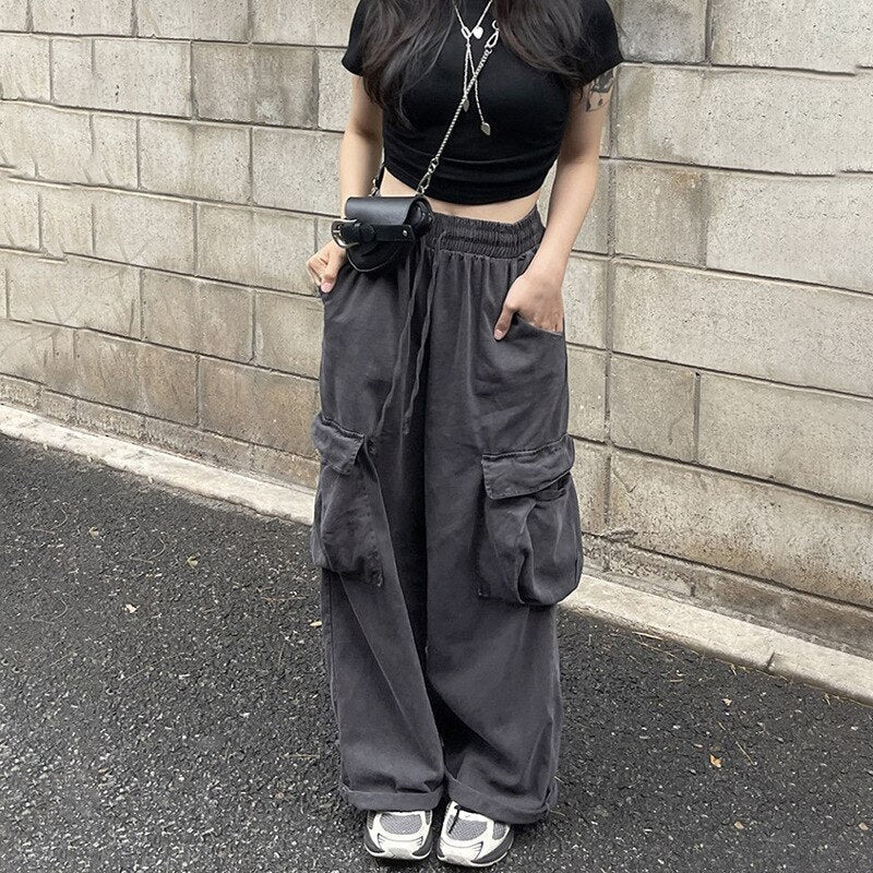 supernfb Women Harajuku Loose Cargo Pants Fashion Grey Color Elastic Waist y2k pants with big Pockest roupas femininas streetwear Pants