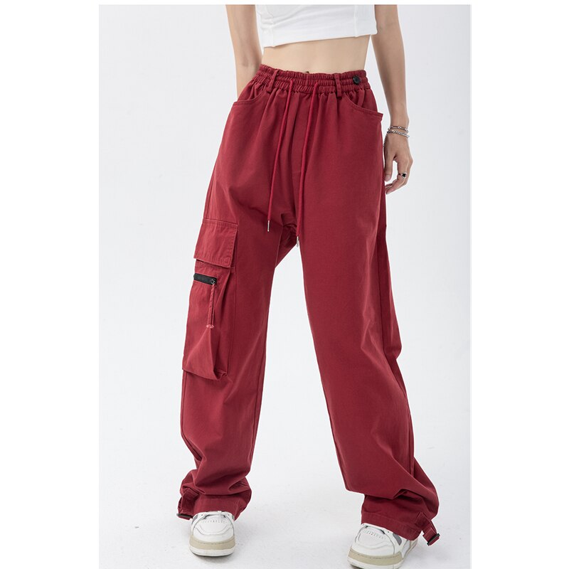 supernfb Red Overalls Pants Women's Fashion Trousers Hip Hop Drawstring High Waist Wide Leg Baggy Casual Cargo Straight Pants Streetwear