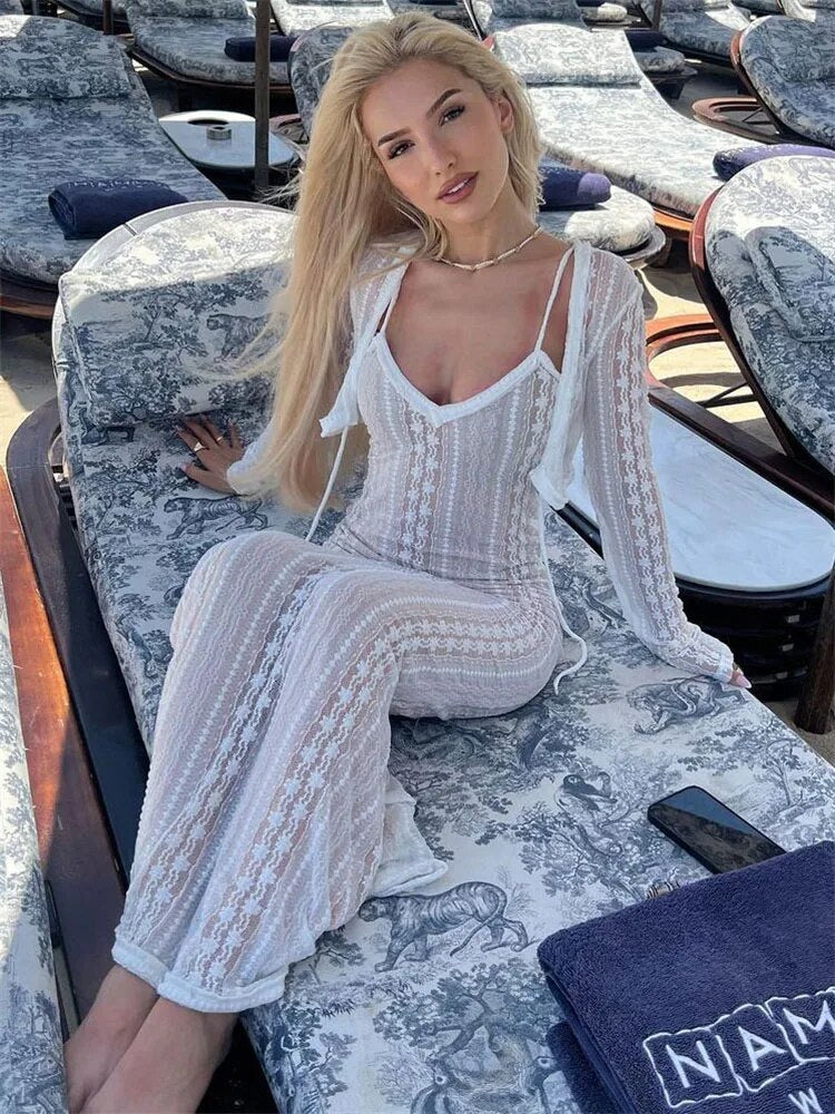 Supernfb Lace Dress Sets Women Bodycon Long Sleeve Cover-up Ladies Split V Neck Slim High Waist Dresses For Woman Summer Casual
