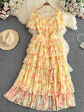 Supernfb Summer Pink/Yellow Bandage Printed Ruffle Long Dress Vintage Square Collar Short Puff Sleeve High Waist Tierred Party Robe New