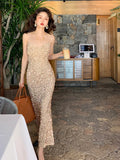Supernfb Maxi Long Sequin Dress Sexy Red Glitter Bodycon Wedding Guest Birthday Party Dresses Elegant Occasion Dress for Women