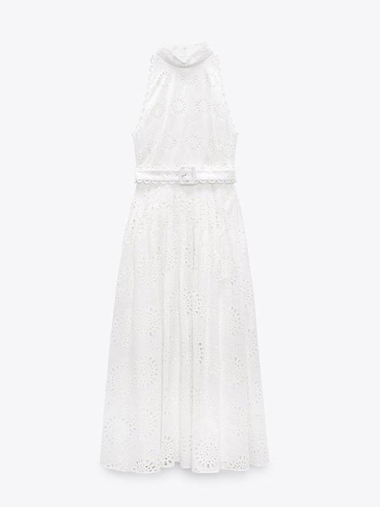 Supernfb Elegant Hollow Out Sleeveless White Dress Women Fashion Loose O Neck Midi Dresses Summer Casual Chic Female Party Vestidos