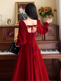 Supernfb Women Elegant Red Christmes Long Sleeve Party Dress Square Collar A-ling Ruffle Birthday Paty Long Dress Fashion Velvet Dress