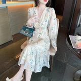 Supernfb Elegant Spring Summer Women V-Neck Floral Print Dress Sashes Pockets Puff  Full Sleeve Female Midi Dresses Vestido DS62