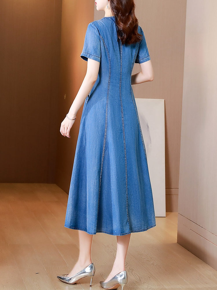 Supernfb New Free Shipping Vintage Women Long Mid-Calf Summer Denim M-2XL Short Sleeve Embroidery V-Neck Chinese Style Dresses