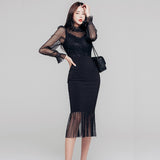 Supernfb Winter New Mesh Stitching Lace Lantern Sleeve Fishtail Dress Elegant Office Chic Simple Korean Party Women Dresses