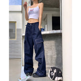 supernfb Women Blue Jeans Solid Vintage Straight Baggy Pants Chic Design Streetwear Fashion Y2K Style Denim Summer NEW Wide Leg Trouser