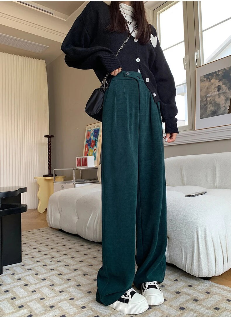 Supernfb Autumn Winter Women's Wide Legged Pants New Solid Buttons Elegant High Waist Casual Loose Lady Trousers Female