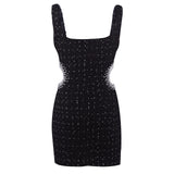 Supernfb Women Fashion with Pearl Beads Hollow Out Tweed Sexy Dress Vintage Backless Zipper Wide Straps Female Dresses Vestidos