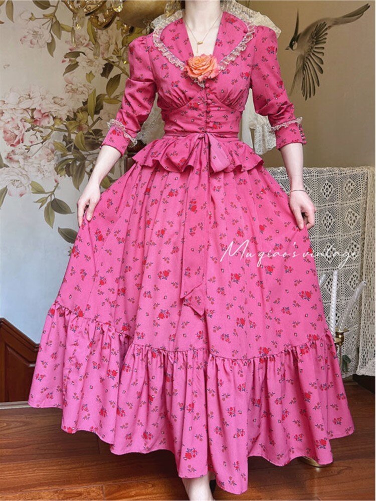 Supernfb Vintage Princess Pink Flower Long Dress Evening Gowns Spring Wedding Party Dresses Long Sleeve Print Floral Female Vestidos
