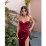 New Summer Prom Dress Women'S Sling Sleeveless Solid Color Dress One Word Neck Slim Fit Open Back Slit Red Sexy Dress