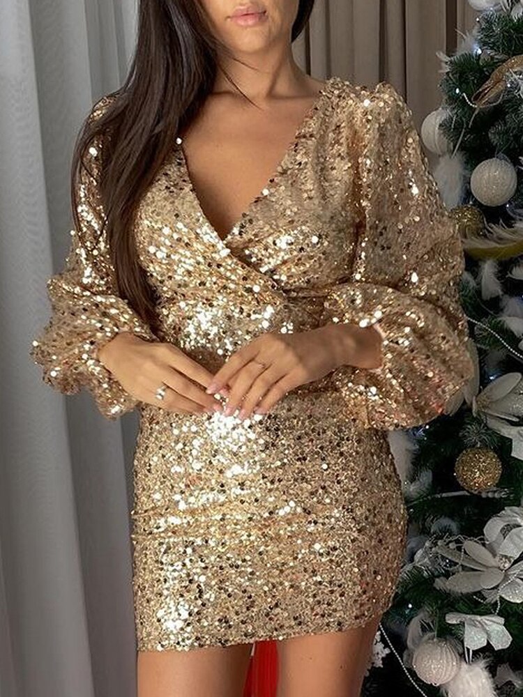 Supernfb Party Sexy Deep V Neck Solid Sequins Dress Women Patchwork Hollow Out Mini Dress Femme Casual Long Puff Sleeve Slim Fit Dresses