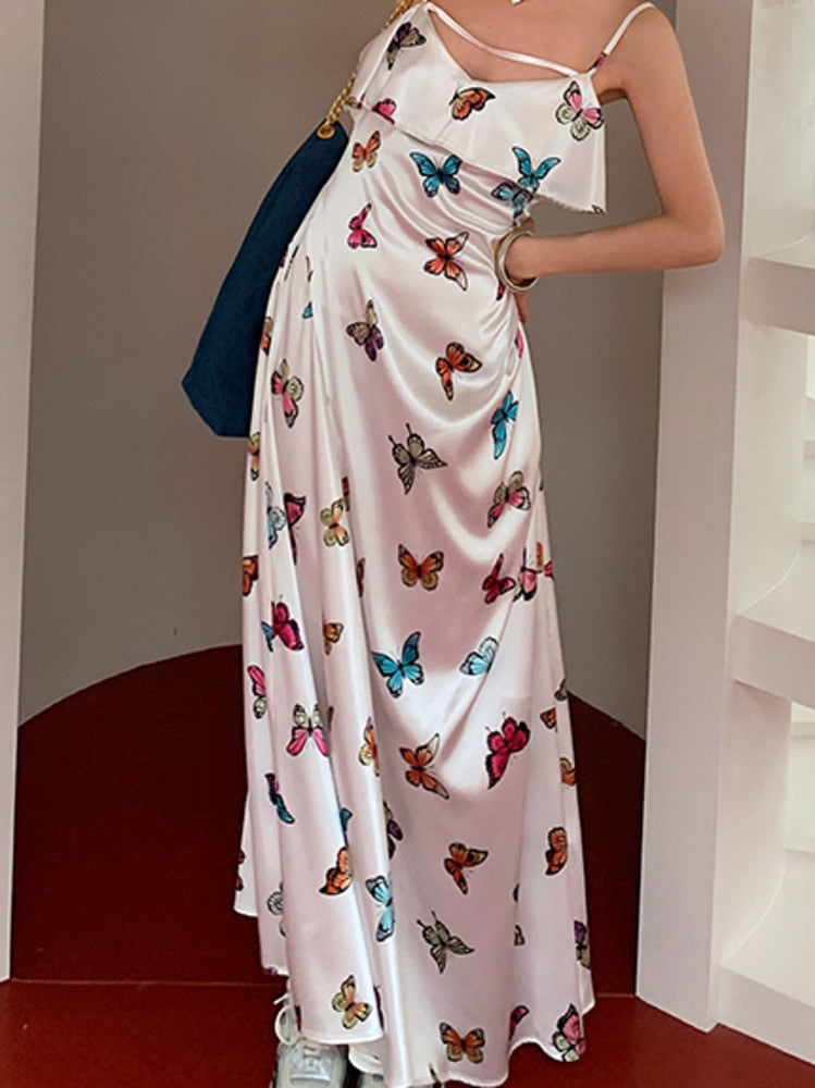 Supernfb French Vintage Satin Midi Dresses Summer Sleeveless Ruffles Patchwork Print Dresses Harajuku Y2k Long Dresses Korean Robe