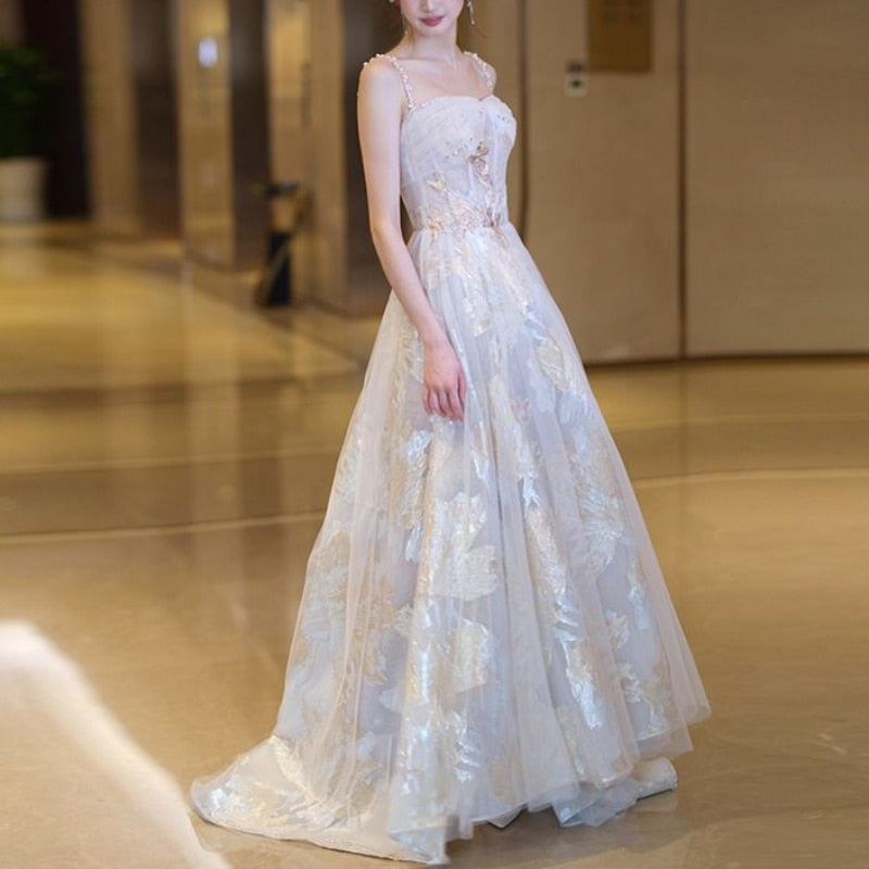 Temperament Printed Simple Elegant Sling Evening Dresses Mesh Bow Design Princess Prom Dress Slim Fit Beading Wedding Party Robe