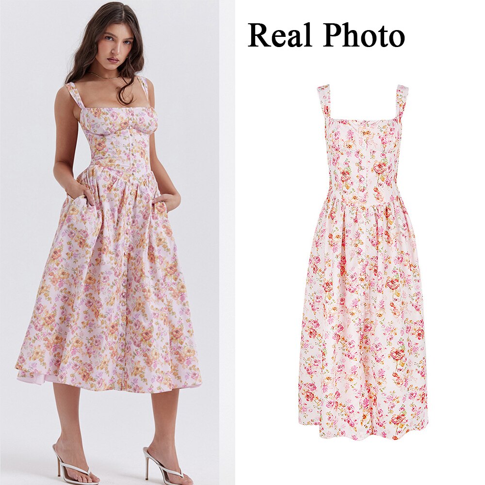 Supernfb Summer Elegant Midi Dress Casual Pink Button Floral Print Holiday Party Long Dresses for Women New In Dresses