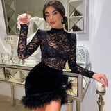 Supernfb Sexy Lace See Through Dress with Feathers, Black Lace Bodycon, Slim Sheath, Long Sleeve, Mini Dresses, Night Club Party Outfit,