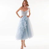 Supernfb Blue Ruffles Tulle Midi Prom Dresses Sweetheart One Shoulder Tea-Length Wedding Party Gowns Short A-Line Formal Gowns
