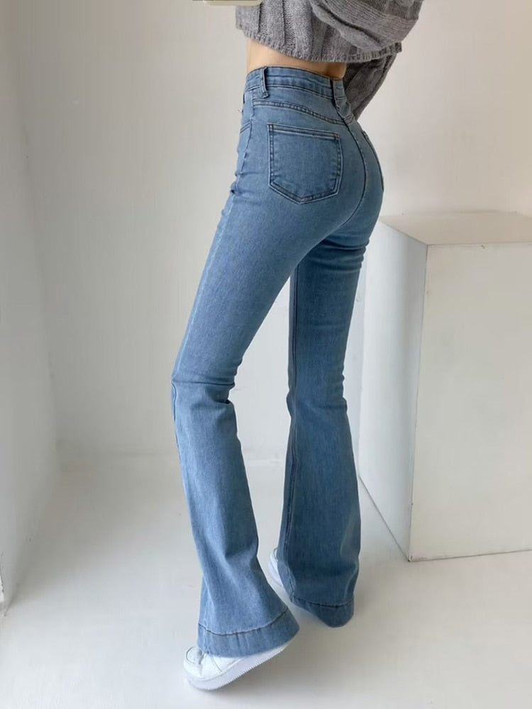 supernfb Casual Bell Bottom Pants Jeans for Women Blue Elastic Fashion Y2K Trousers Autumn New High Waisted Flare Jeans