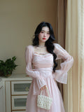 Supernfb Elegant Evening Party Midi Dress Women Bubble Sleeve French Vintage Sweet Dress Female Pink Korean Style Fairy Dress Autumn