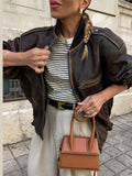 Vintage Zippered Pu Leather Jacket Coat For Women Round Neck Long Sleeved Pocket Coat Autumn Fashion Female Street Outwears