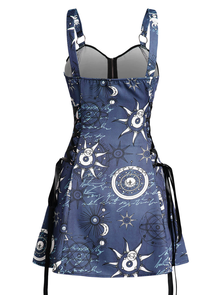 Celestial Sun Moon Print Lace Up Mini Dress Summer Gothic Women Square Neck Witchcore Vestidos