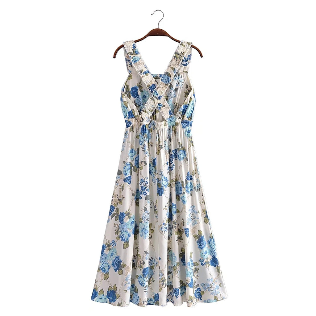 Supernfb Indie Folk Bohemian Style Vintage Floral Dress Print Overlapping Backless Cotton Party Casual Maxi Dress Women