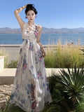 Supernfb Summer Sexy Backless Print Maxi Dress 2023 Women Vacation Beach Holiday Halter Sundress Femme Elegant Boho Robe