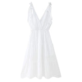 Supernfb Elegant V Neck Lace Up Ruffle High Waist Summer Party платье женское Sexy Backless A-Line Boho White Midi Dress Vestidos