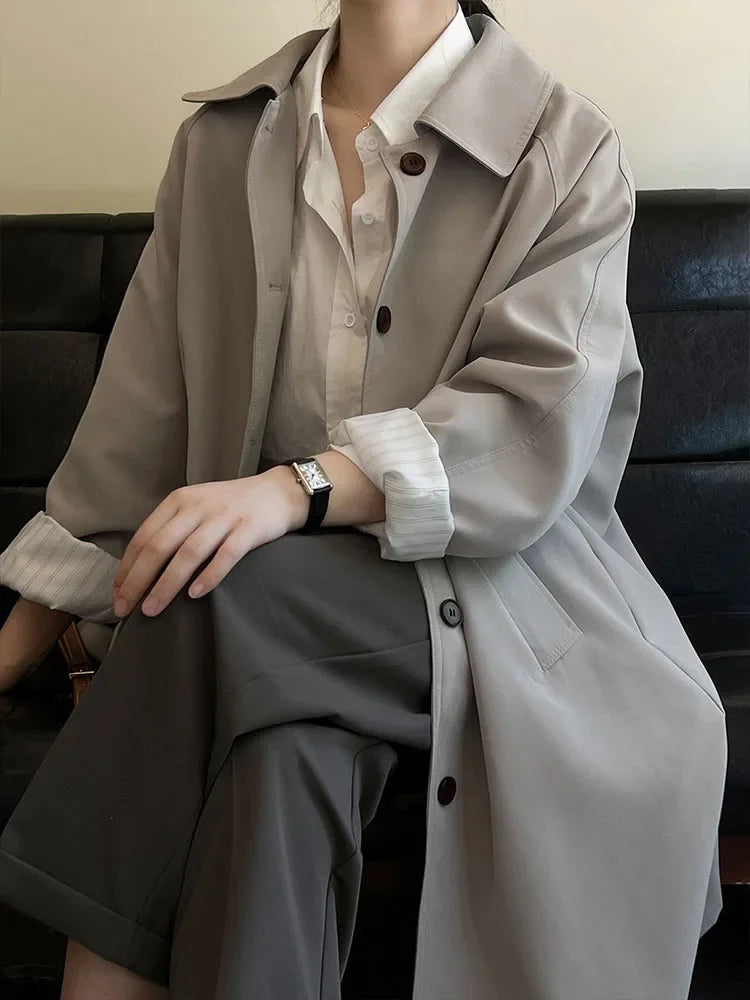 Supernfb Elegant Women Trench Long Sleeve Korean Fashion Vintage Jackets Loose Casual Lapel Solid Versatile New Autumn Winter Coats