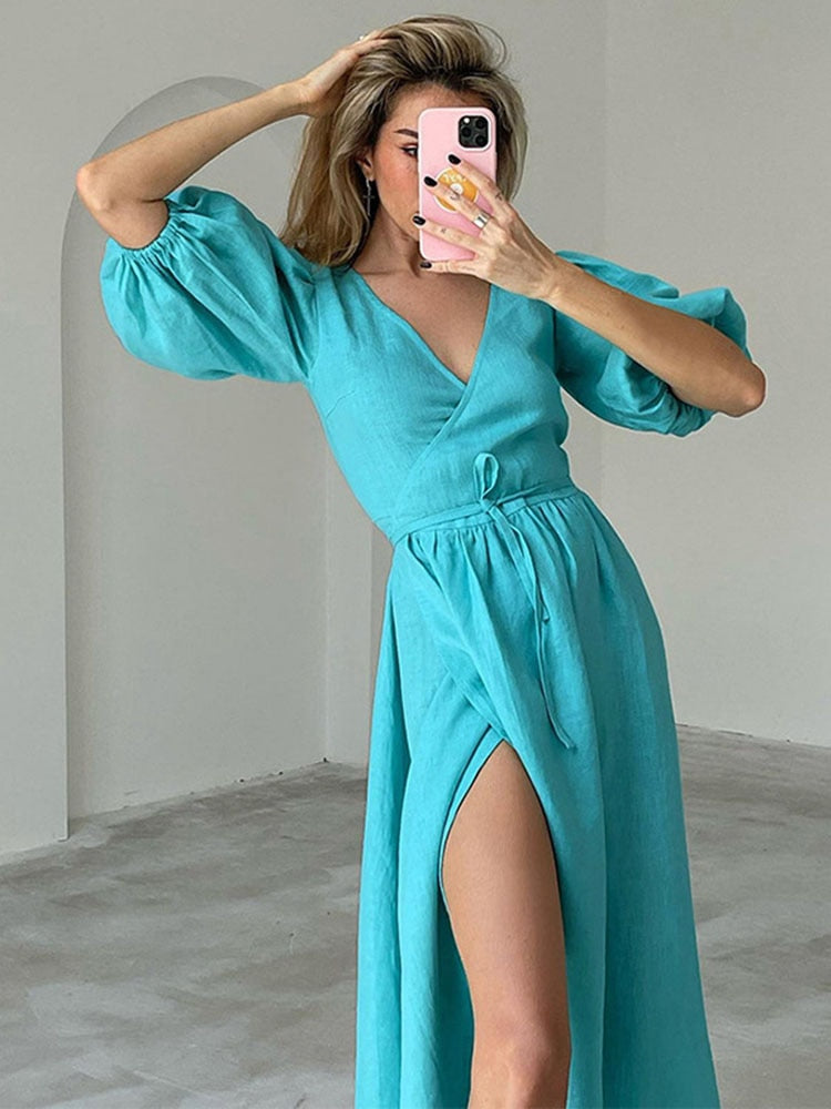 Supernfb Summer Elegant Half Puff Sleeve Maxi Dresses for Women Outfits Sexy V Neck Split Straight Bodycon Casual Club Party Dress
