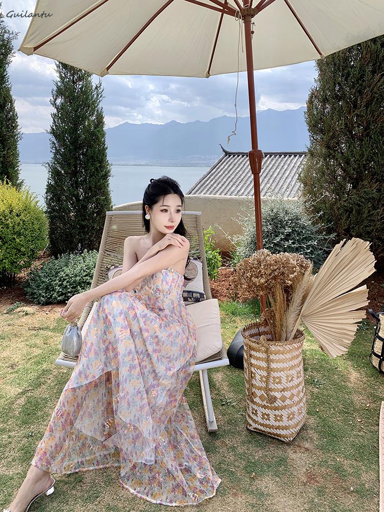 Supernfb Korean Style Elegant Evening Party Fairy Dress Summer Strapless Sleeveless Off The Shoulder Long Dress Backless Beach Maxi Dress