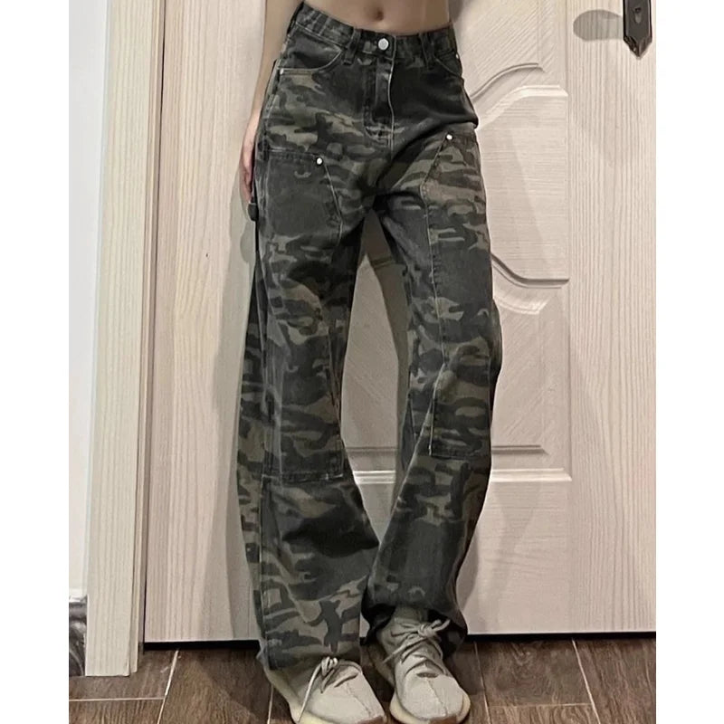 Supernfb Green Women's Jeans High Waist Hip Hop Straight Fashion Pants Streetwear Harajuku Y2K Style 2024 Female Wide Leg Denim Trouser