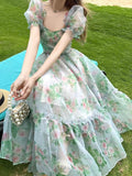 Supernfb Summer Women Vintage Square Collar Floral Dress French Elegant Chiffon Fairy Dress Female A-Line Princess Robe