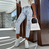 supernfb Spring Summer Casual Ripped Hole Straight Trousers Street Fashion Star Print Washing Jeans Vintage High Waist Women Denim Pants