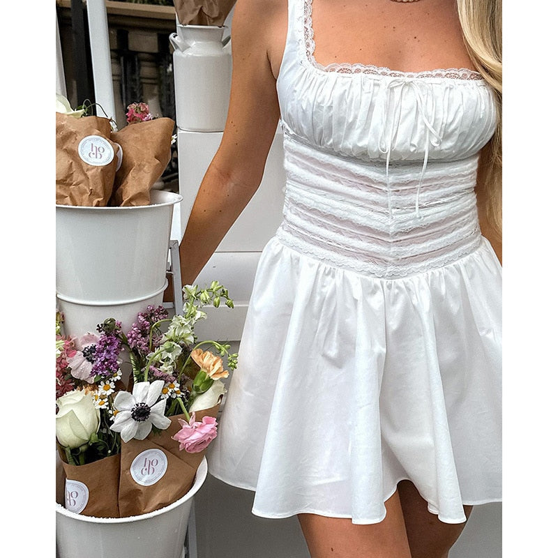 Supernfb Square Neck White Dress Lovely Lace Patchwork A Line Holiday Party Dresses Casual Mini Summer Dresses Women