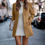 Supernfb Women Autumn Fashion Solid Color Wool Jackets Retro Long Sleeve Stand Collar Cardigan Jacket Casual Commuter Office Ladies Coats