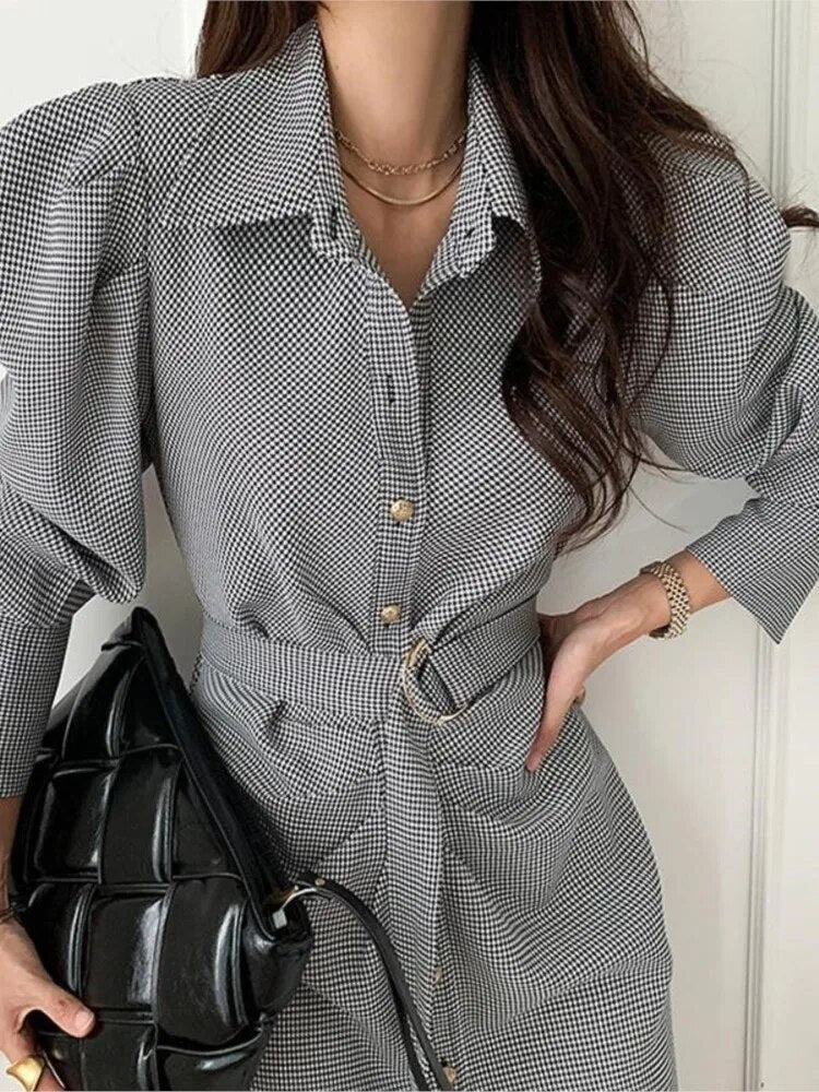 Supernfb Elegant and Chic Women Shirts Dress Spring Single Breasted Plaid Casual Vintage Party Vestidos with Belted Female Fashion Mujers