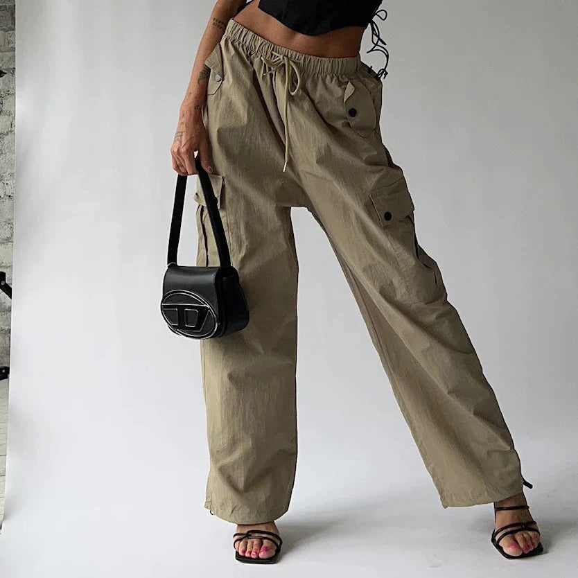 supernfb Lace Up Cargo Pants Women Summer High Waist Loose Solid Long Pant Femme Streetwear Casual Baggy Bottoms Women's Clothing