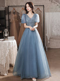 Elegant Bling Blue Evening Dresses Women A-line Sexy V-neck Puff Sleeve Bandage Cocktail Party Prom Gown Vestidos Robe De Soiree