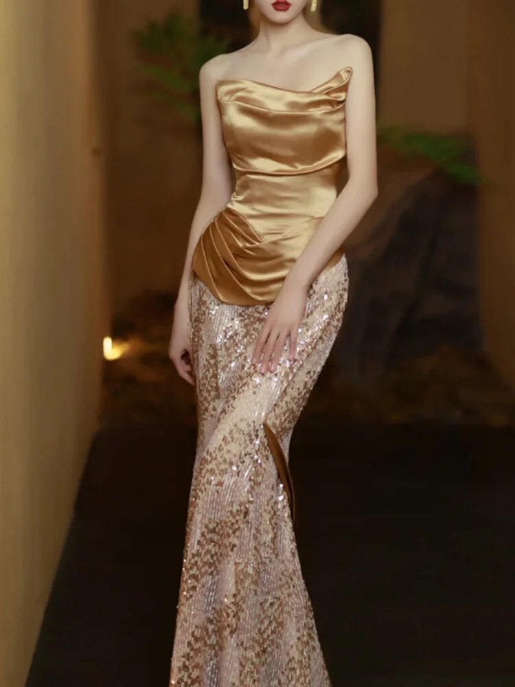 Supernfb Golden Tube Evening Dress Strapless Temperament Trumpet Stain Sequined Patchwork Wedding Party Dress Slim Waist Prom Dresses