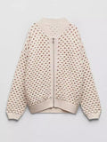 Knit Hollow Out Beige Zipper Women Coat Casual Long Sleeve Bomber Jacket Autumn New Fasion Streetwear Lady Coats
